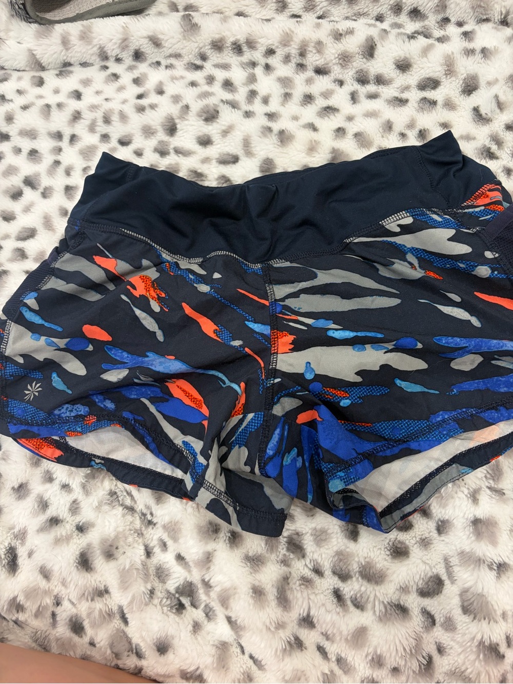 Athleta Navy Blue Abstract Camo Athletic Shorts with Orange & Royal Accents